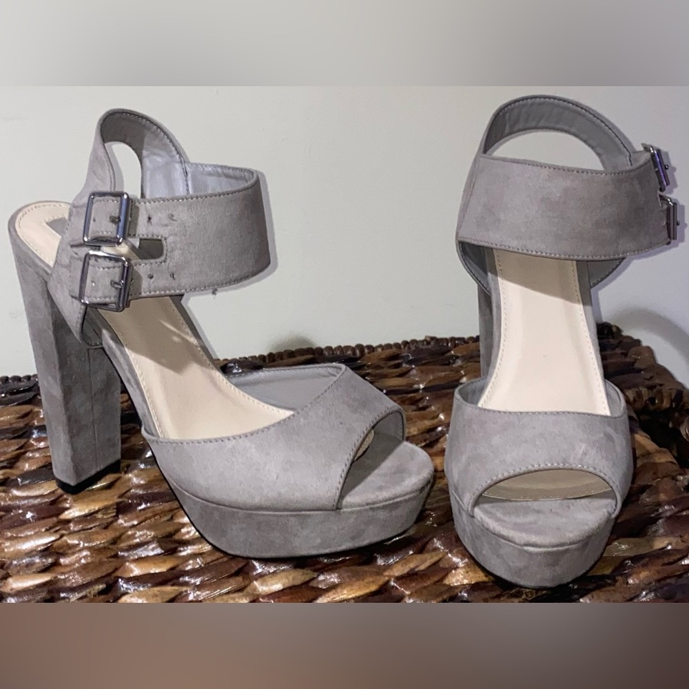 Faux suede heels gray sandals ankle strap sandals faux suede shoes chunky heel